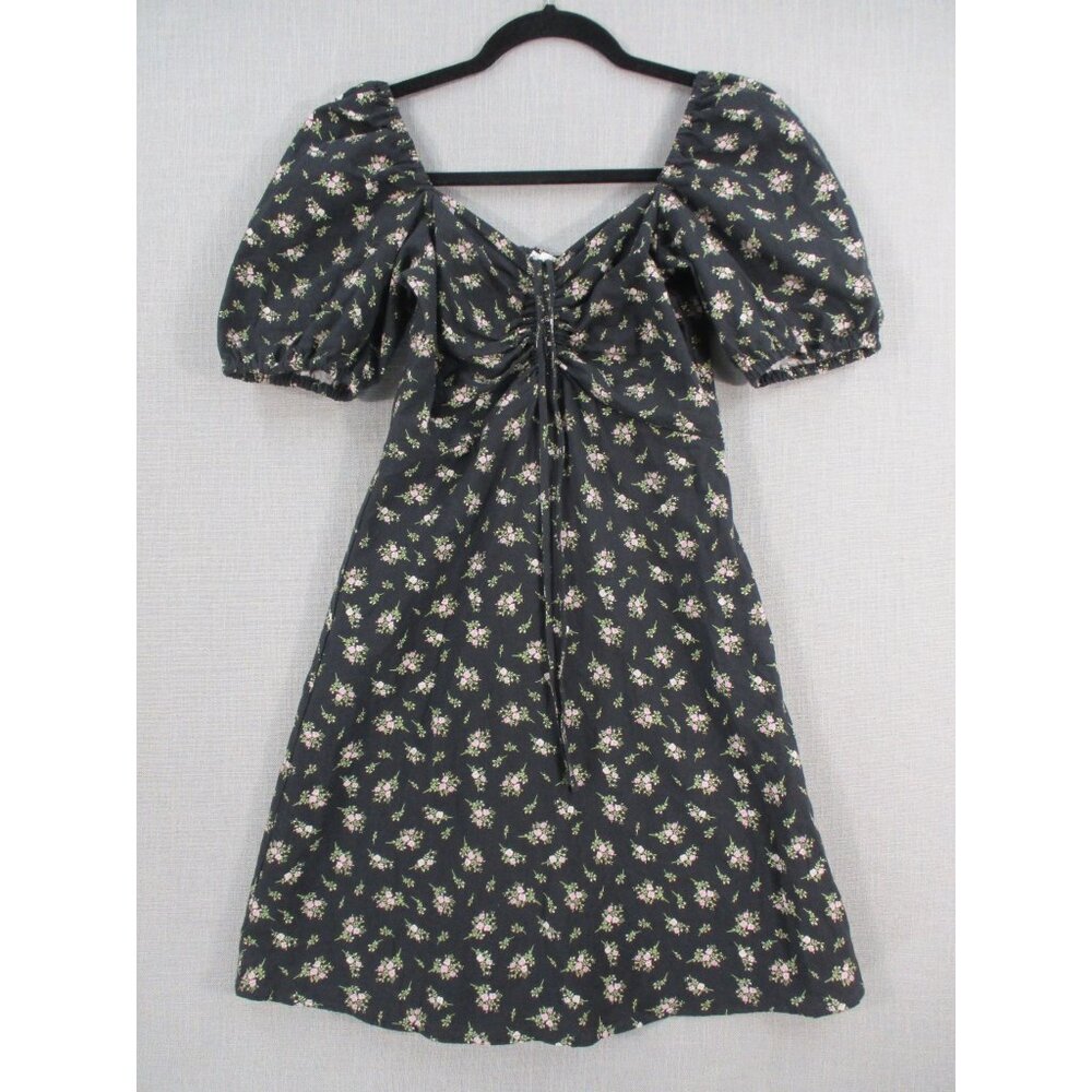 Floral Puff Sleeve Dress Ruched Front Black Linen Blend XS H&M